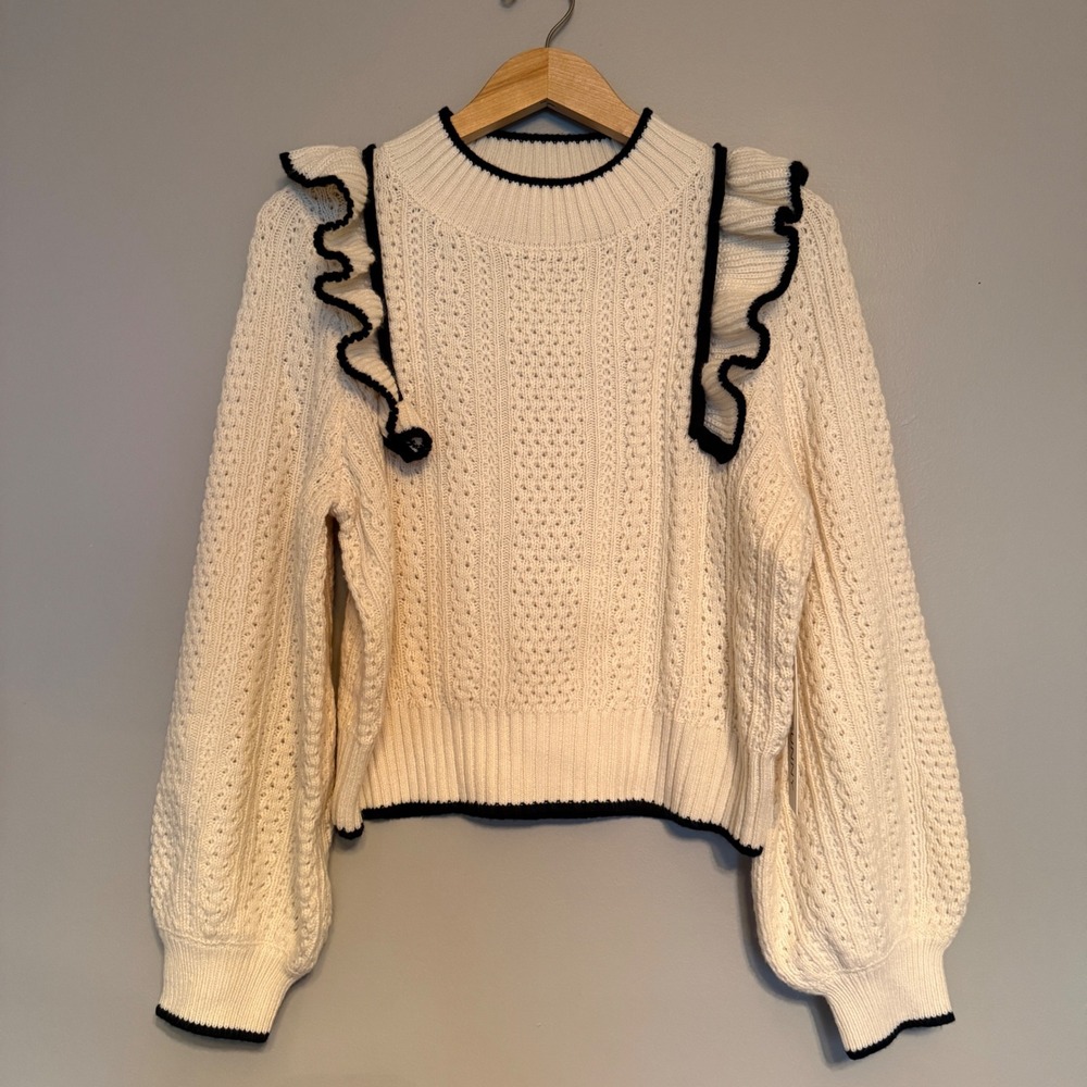 78&SUNNY NWT Sandcastle Crew Neck Sweater Birch Cream Ruffle‎ Shoulder Medium